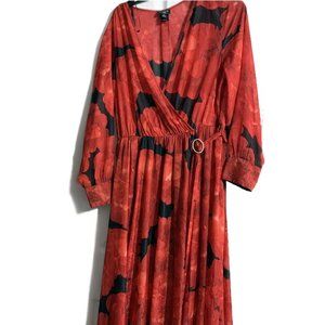 Alexa B Chiffon Boho Long Sleeve V-neck Belted Maxi Dress